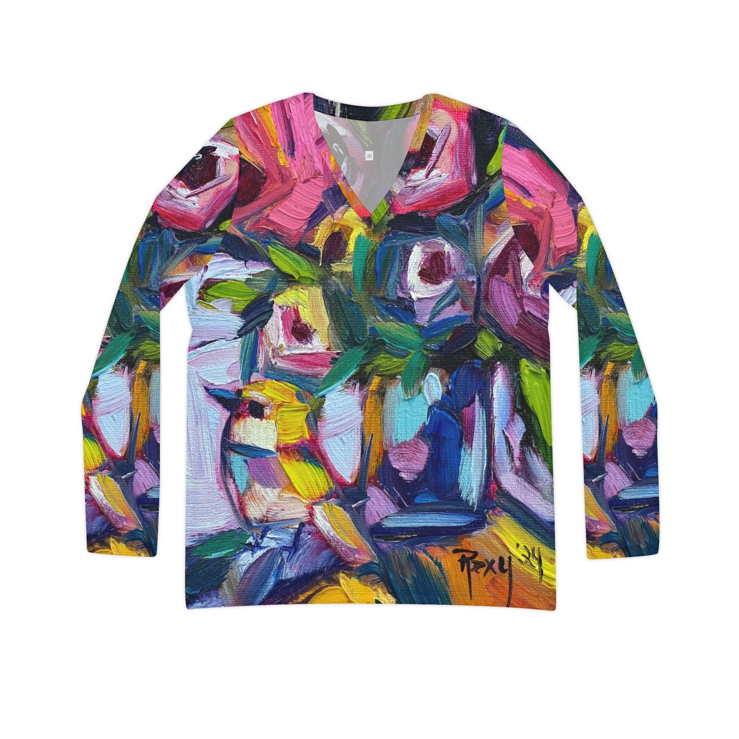 Long Sleeve Shirt-Abstract Roses with Tit Bird- V-neck Women's