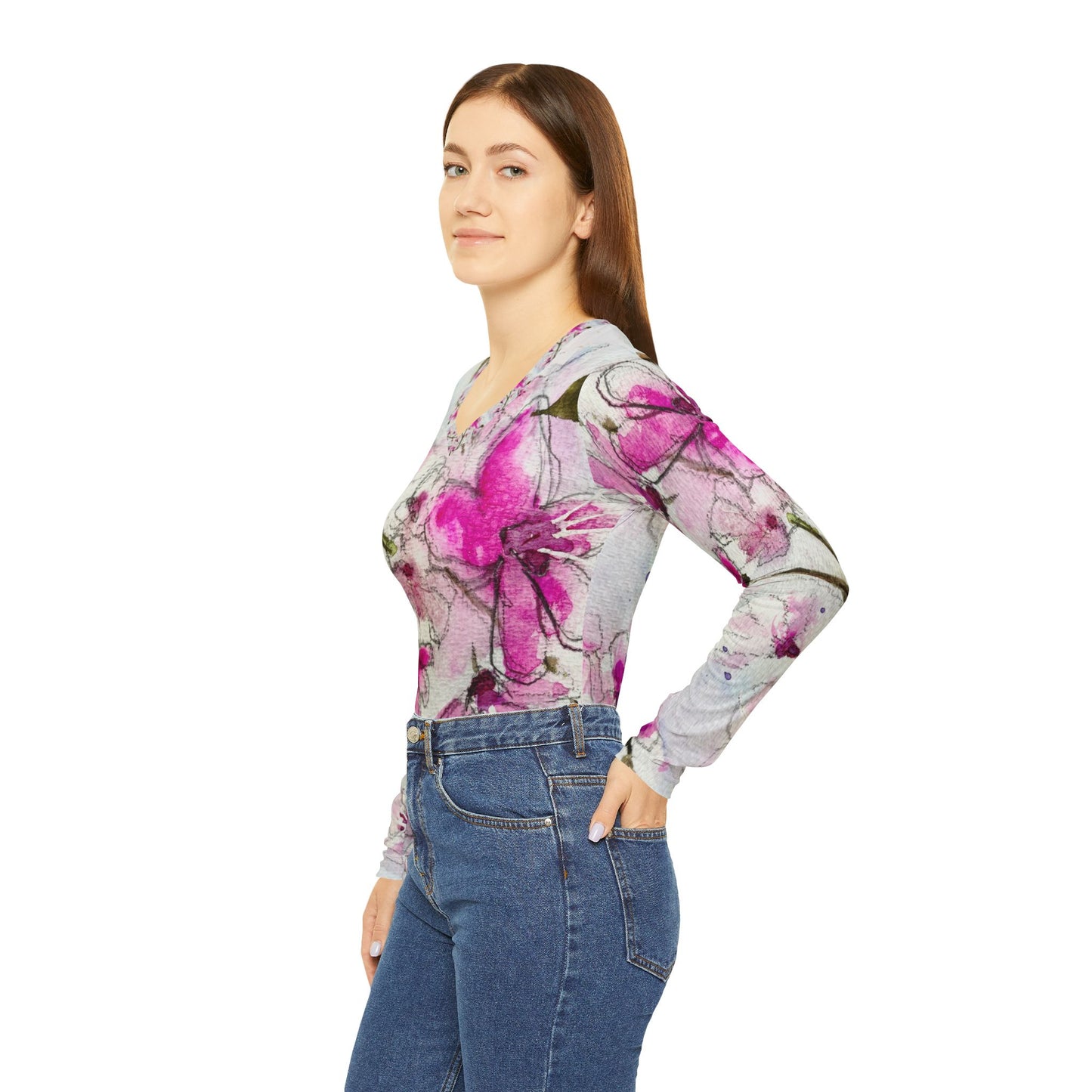 Long Sleeve Shirt-Watercolor Cherry Blossoms- V-neck Women's