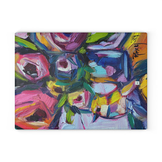 Abstract Roses and Yellow Warbler Bird Glass Cutting Board