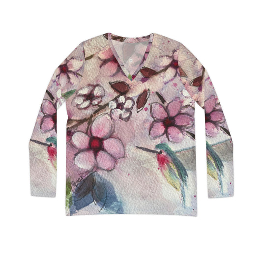 Long Sleeve Shirt-Hummingbird in Cherry Blossoms- V-neck Women's