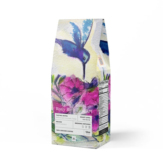 Hummingbird in Pink Tube Flowers- Toasty Roast Coffee 12.0z Bag