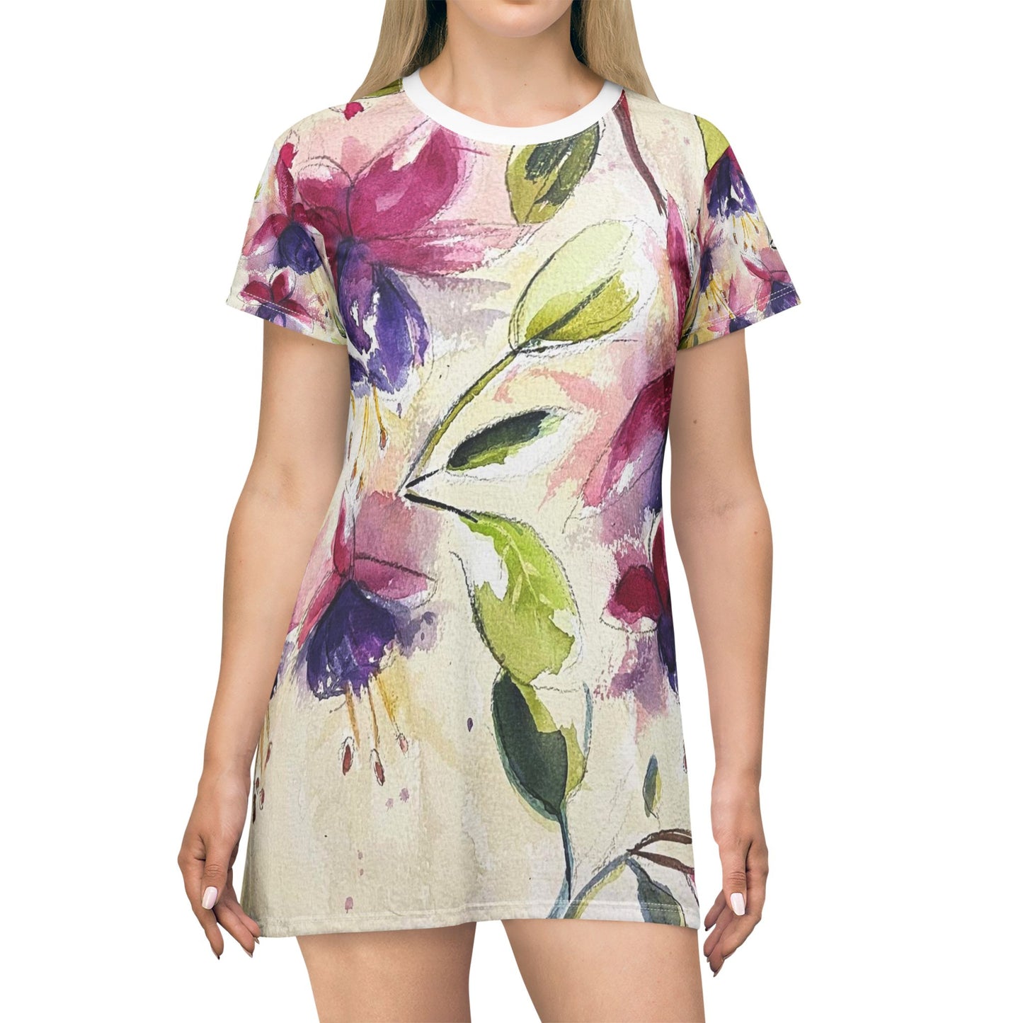 T-Shirt Dress (AOP)-Fluffy Fuchsias