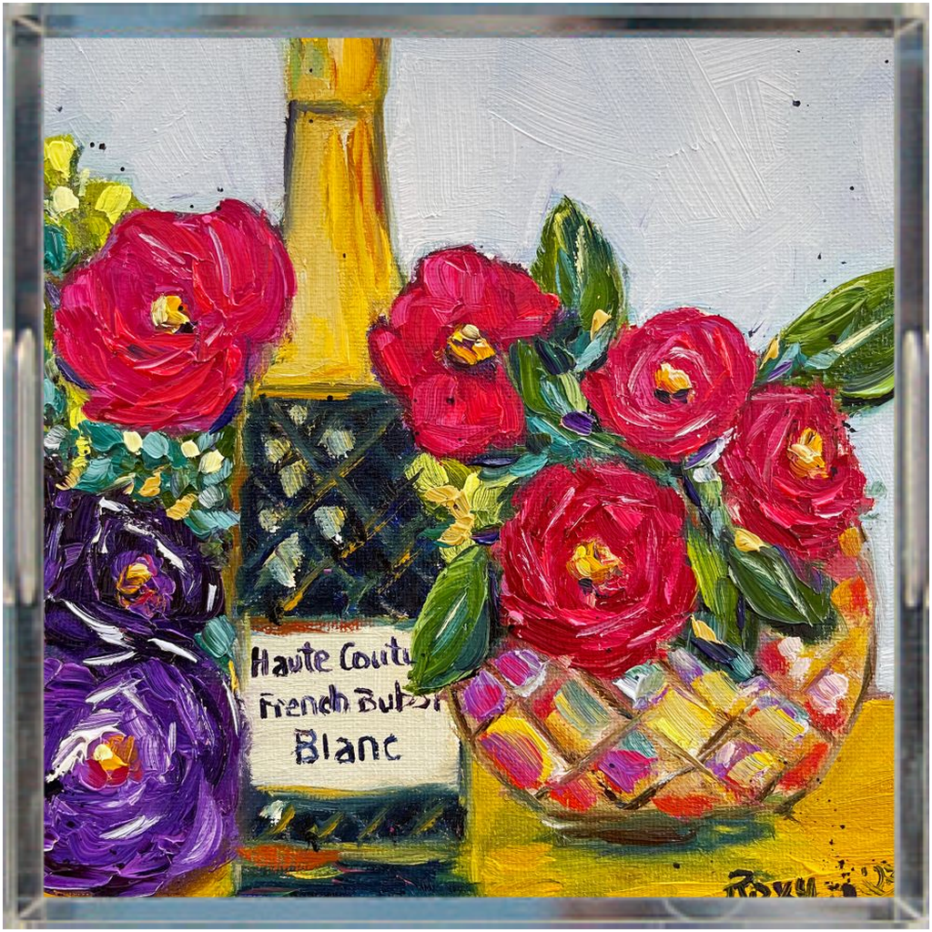 French Bubbles-Champagne and Roses- Acrylic Tray Square
