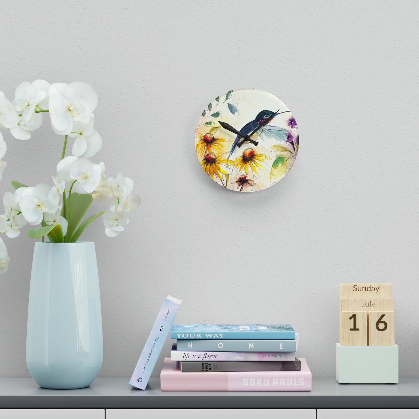 Happy Hummingbird with Coneflowers Bush Acrylic Wall Clock