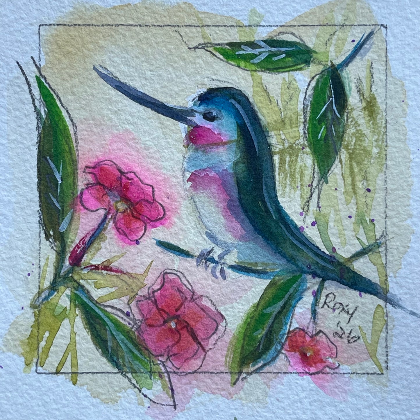 Annas Hummingbird with Pink Blossoms-Original Watercolor Painting 4x4 Framed