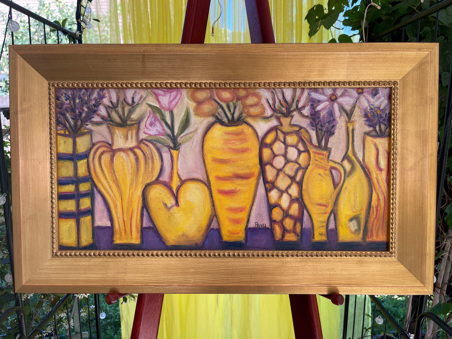 Yellow Vases-Original Oil Pastel Painting 10 x 20 Framed