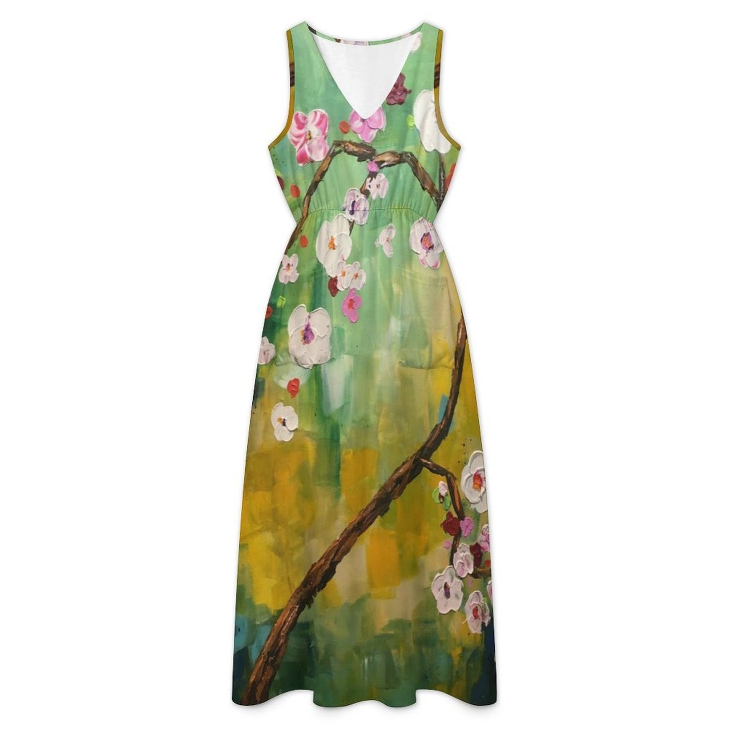Abstract Sherry Blossoms-Garden Party Dress Sleeveless V-neck Midi Dress