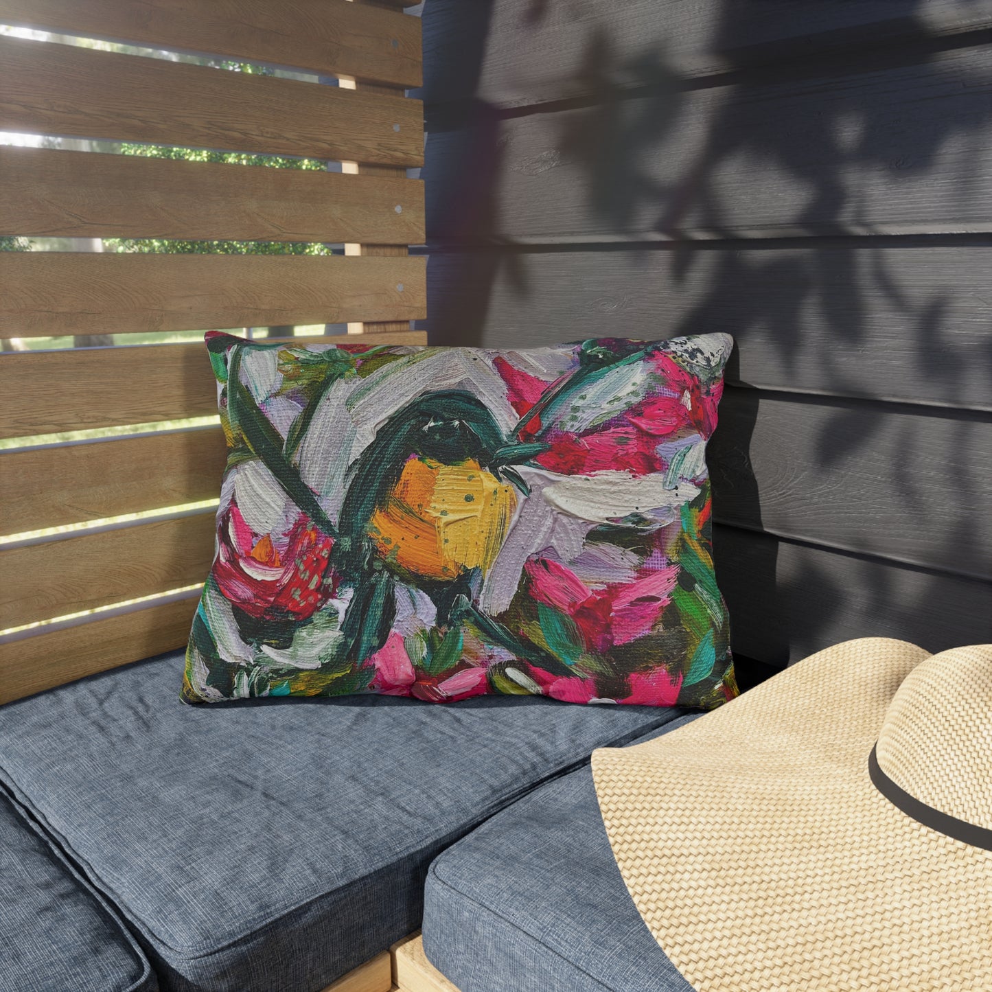 Outdoor Pillows-Colorful Encounter Goldfinch and Hummingbird