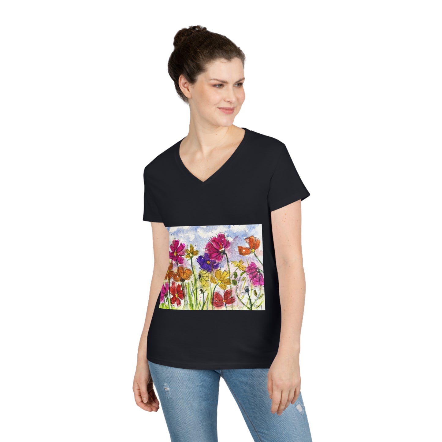 Camiseta con cuello en V para mujer Cosmos Garden