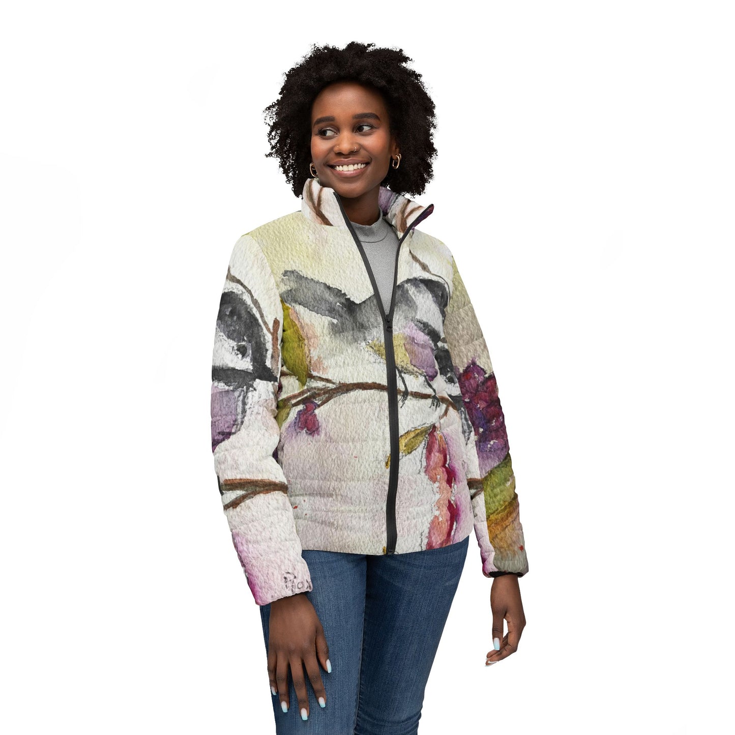 Women's Puffer Jacket - Roxy Rich Fine Art Design-Chickadee in a Berry Tree