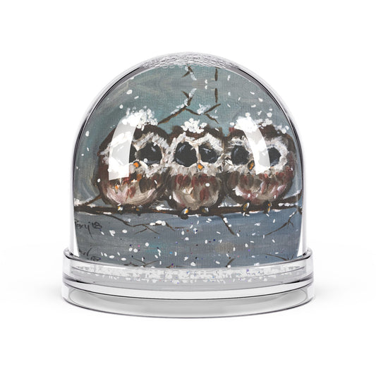 Snow Globe - Three Adorable Owl Chicks perched on a Snowy Branch