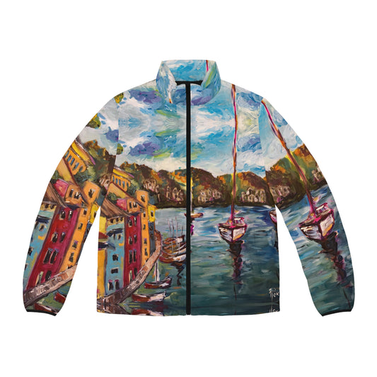 Men's Puffer Jacket - Roxy Rich Art, Unique Bright Colors-Portofino Harbor