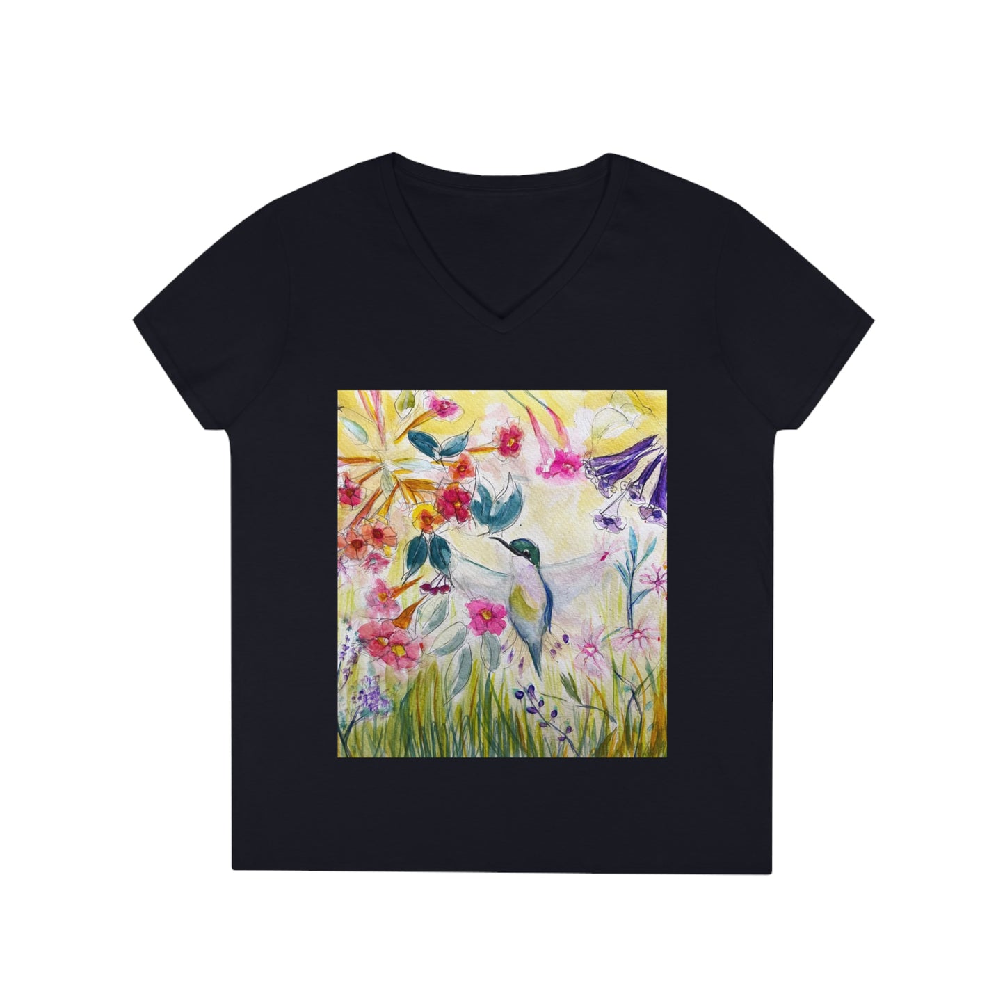 Colibri dans le tube Flower Garden Lady T-shirt col en V pour femme