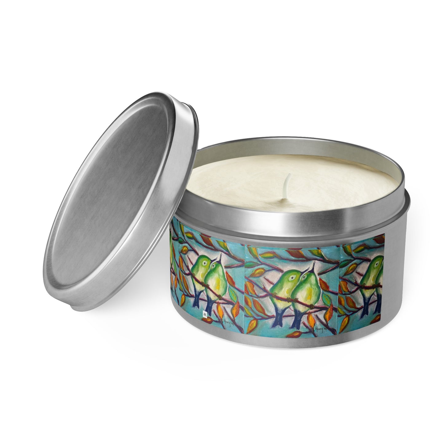 Cuddling Warblers Birds Tin Candle