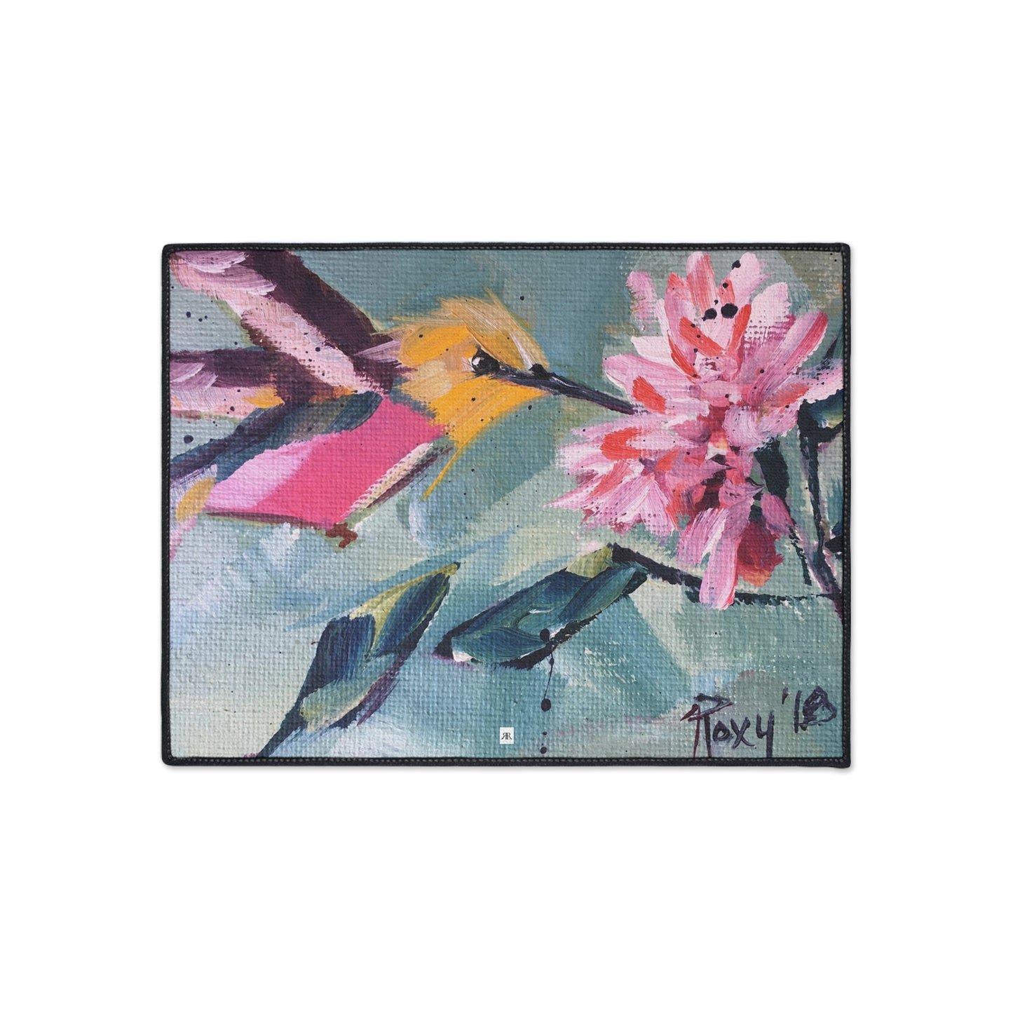 Alfombra resistente para suelo con flor rosa y colibrí rosa