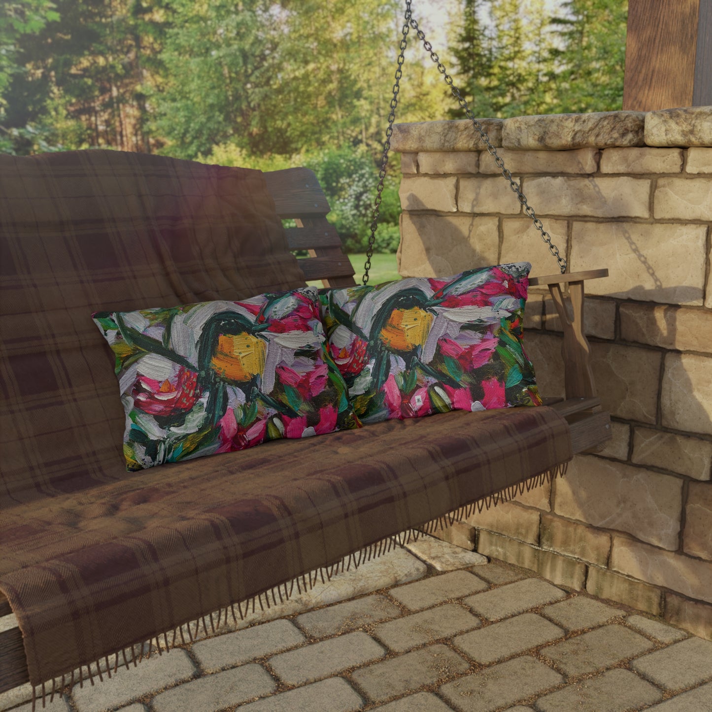 Outdoor Pillows-Colorful Encounter Goldfinch and Hummingbird