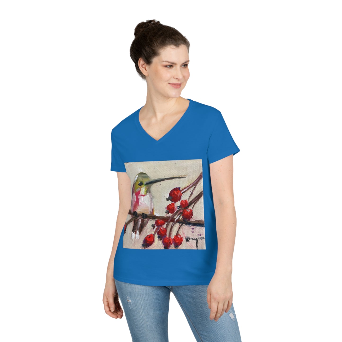 Hummingbird with Berries Ladies' V-Neck T-Shirt