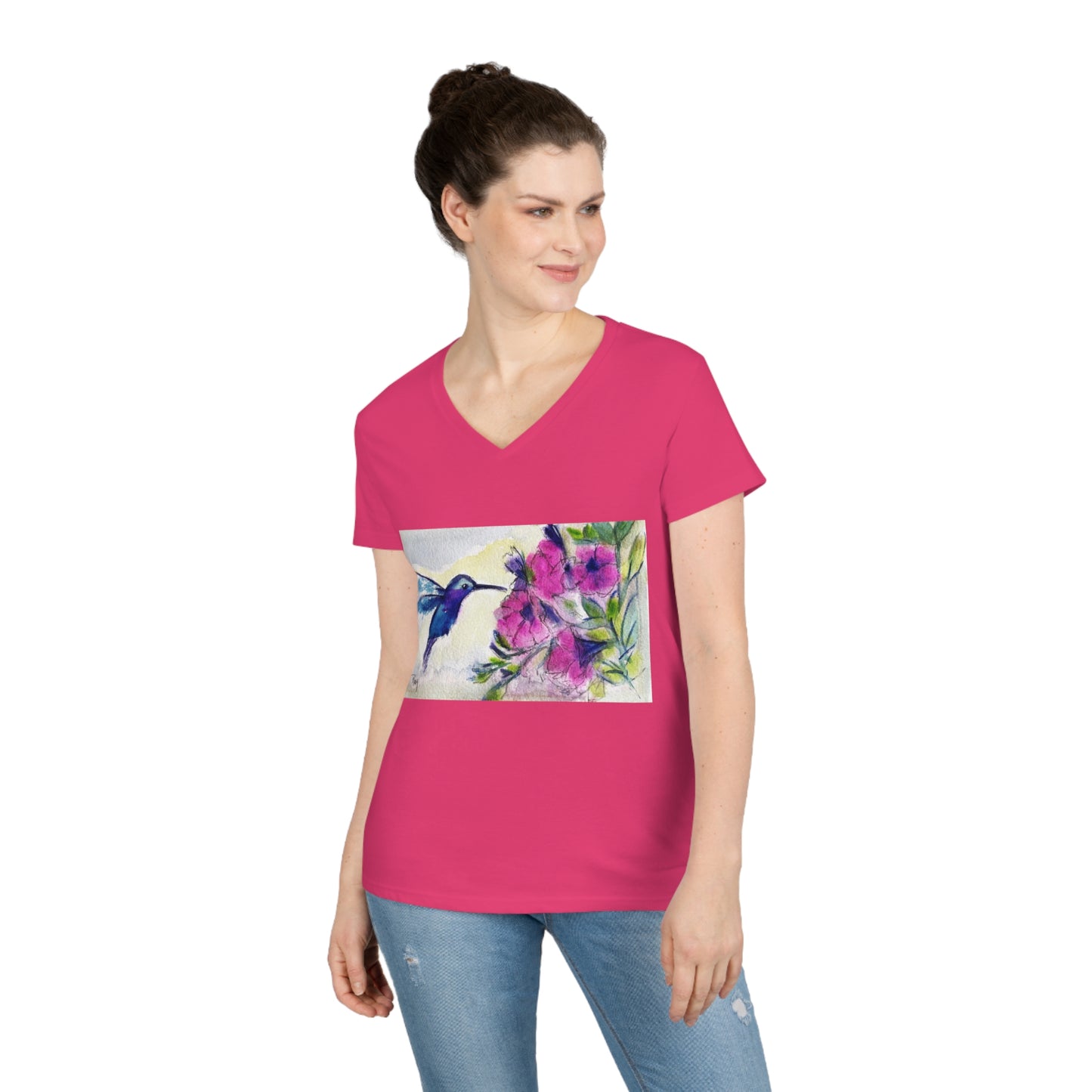 Hummingbird with Pink Tube Flowers Ladies' V-Neck T-Shirt