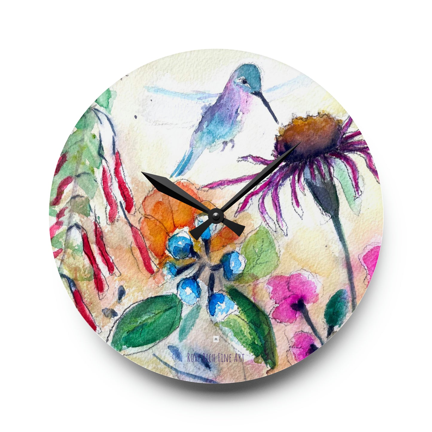 Horloge murale en acrylique Colibri sur un buisson d'échinacées 