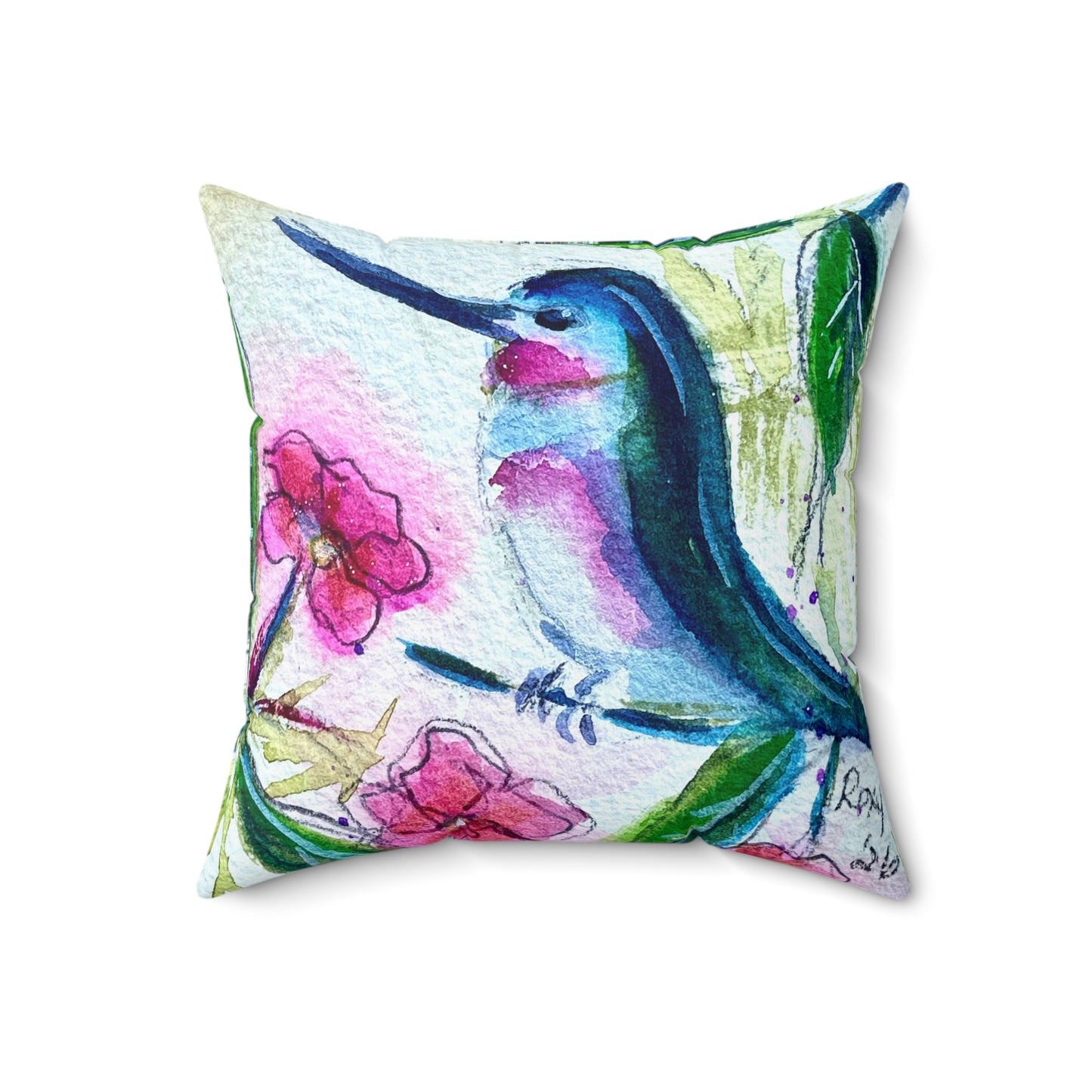 Annas Hummingbird with Pink Blossoms Throw Pillow — Bright Colorful Accent Pillow