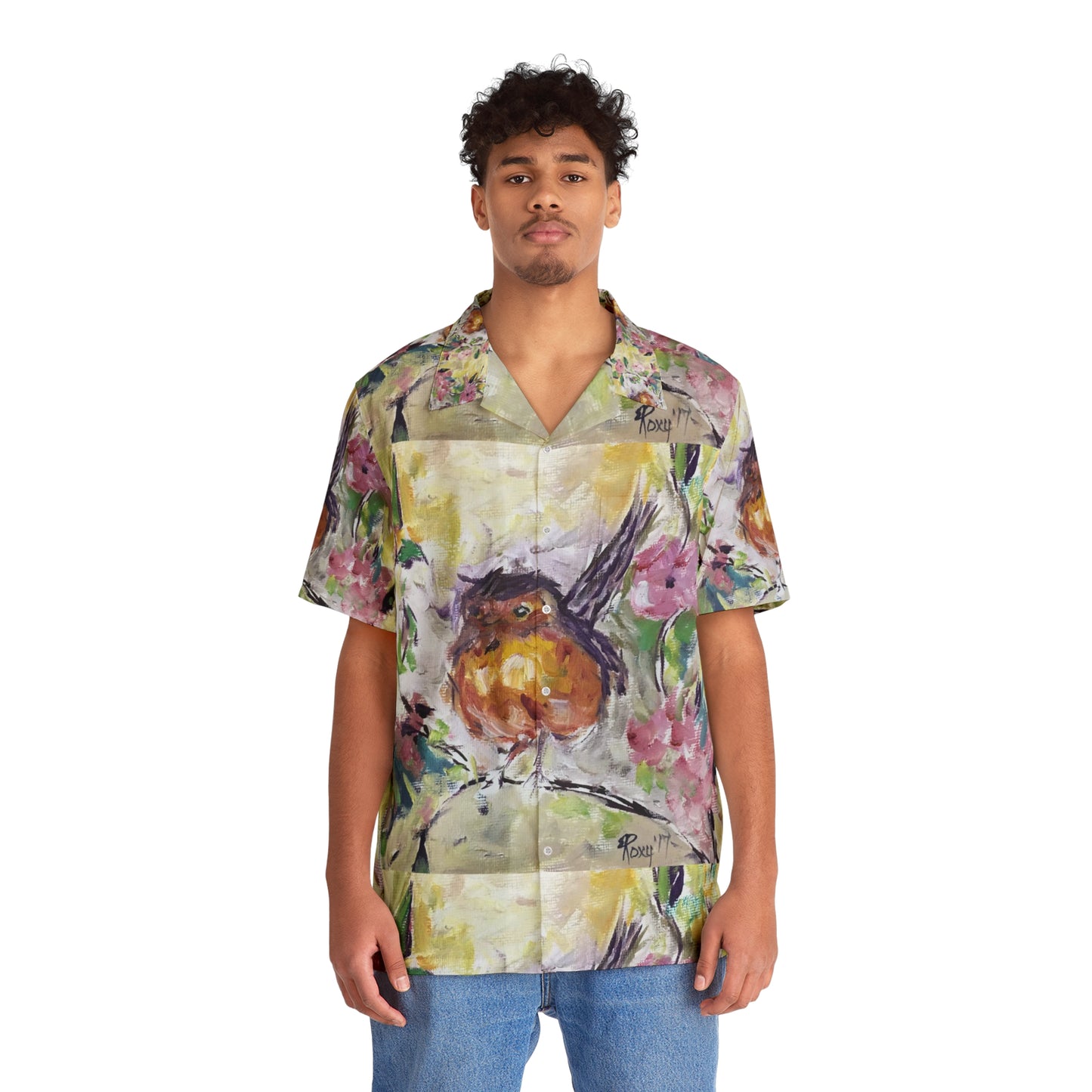 Men's Hawaiian Shirt- Robin in Cherry Blossoms