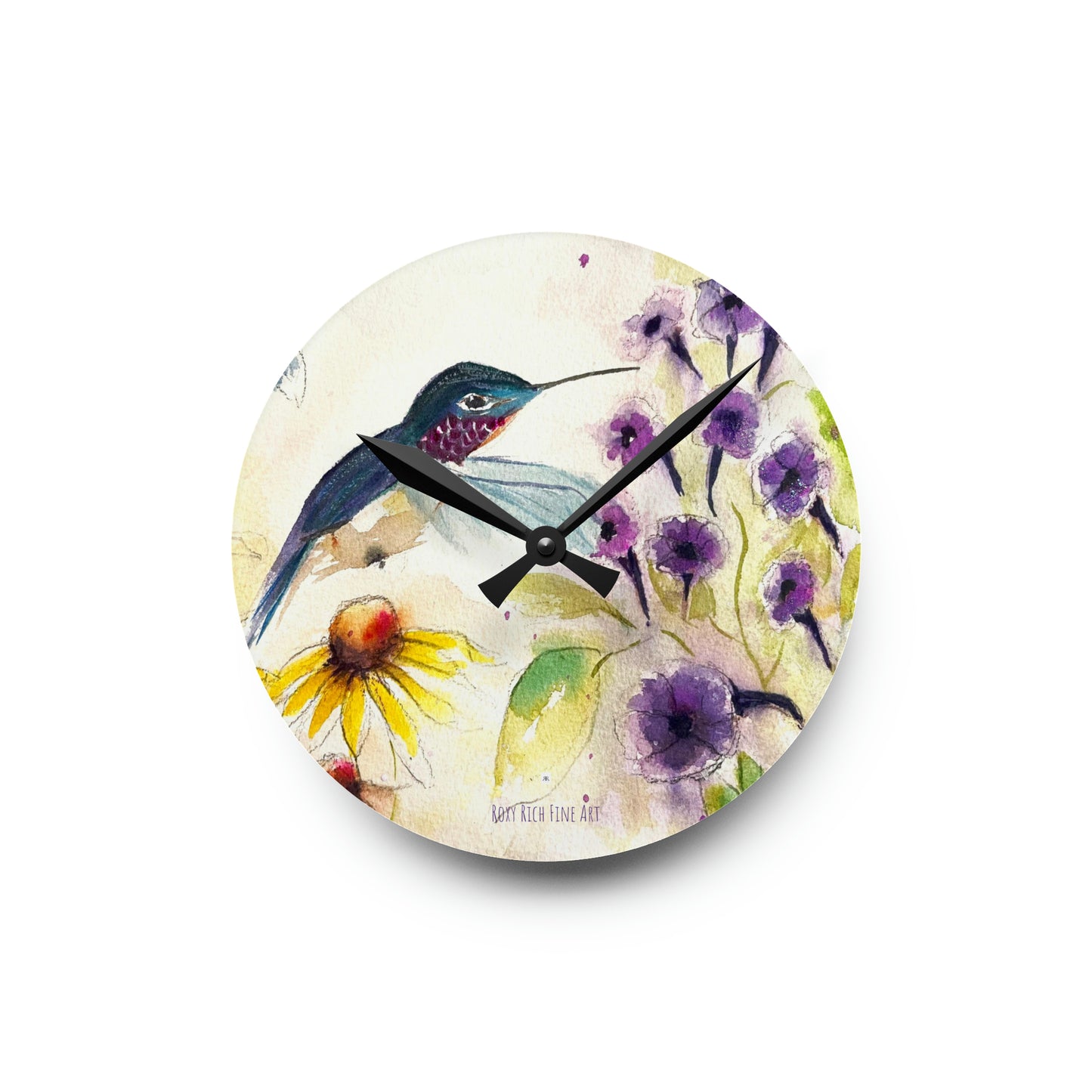 Reloj de pared acrílico con forma de colibrí feliz con trompeta morada y arbusto de vid 