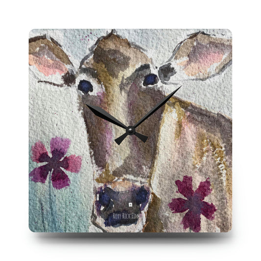 Reloj de pared acrílico de vaca con pétalos