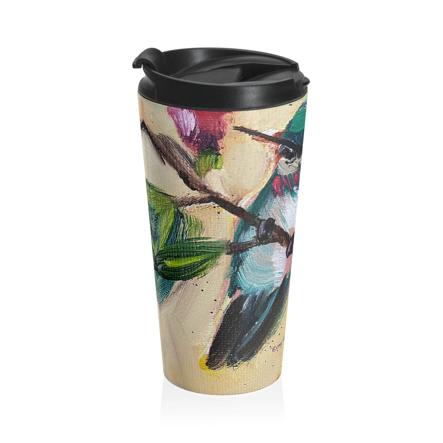 Taza de viaje de acero inoxidable Colibrí en un rosal