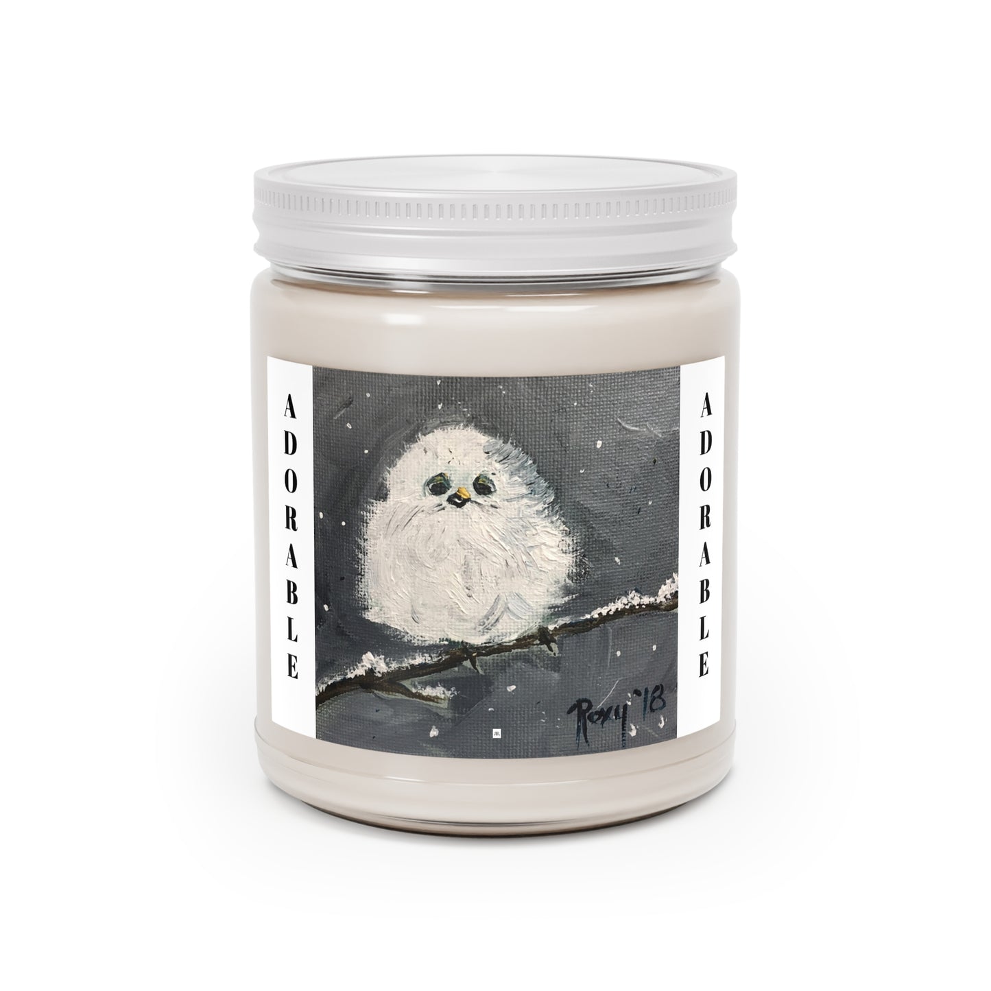 Scented Candles, 9oz-Adorable Fluffy Baby Tit perched on a Snowy Branch