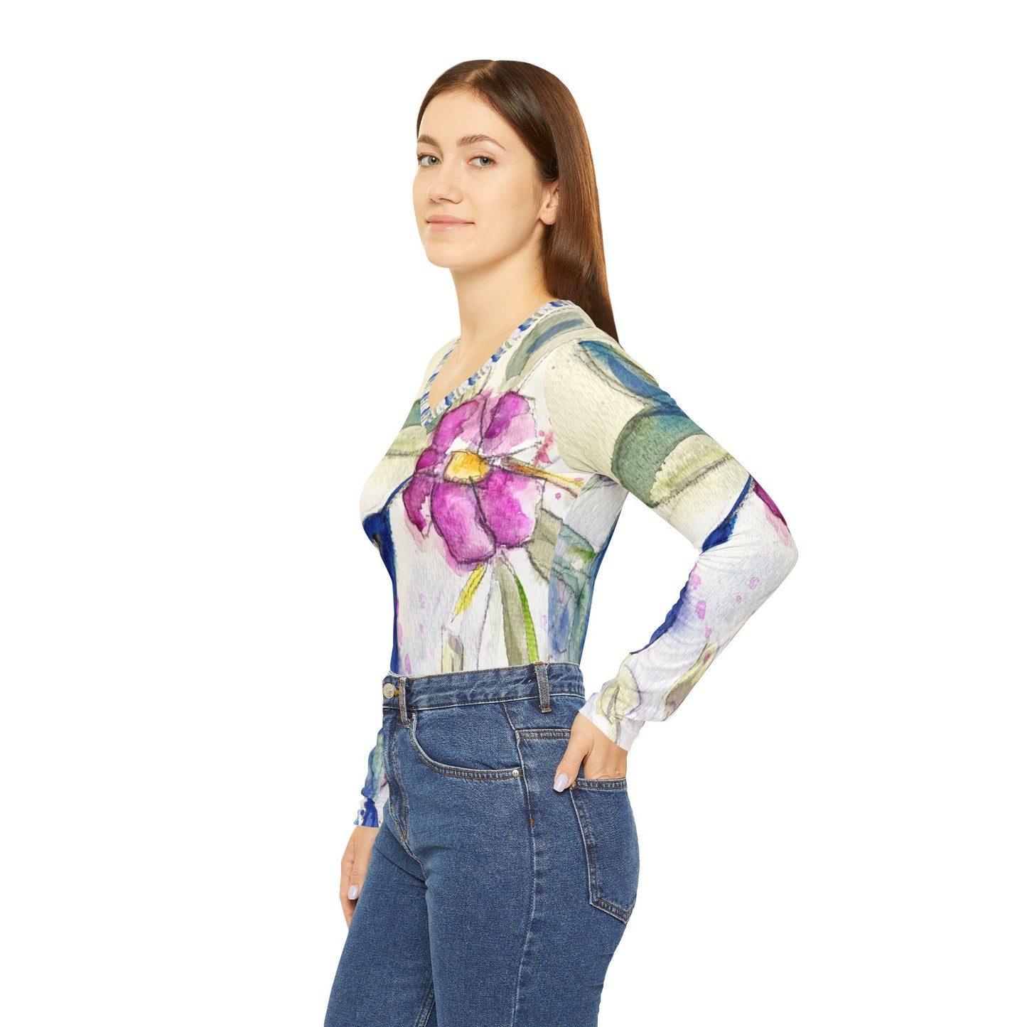 Long Sleeve Shirt- Hummingbird in Spring- V-neck Women's