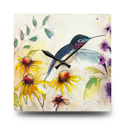 Horloge Murale En Acrylique Colibri heureux avec le buisson d'échinacées 