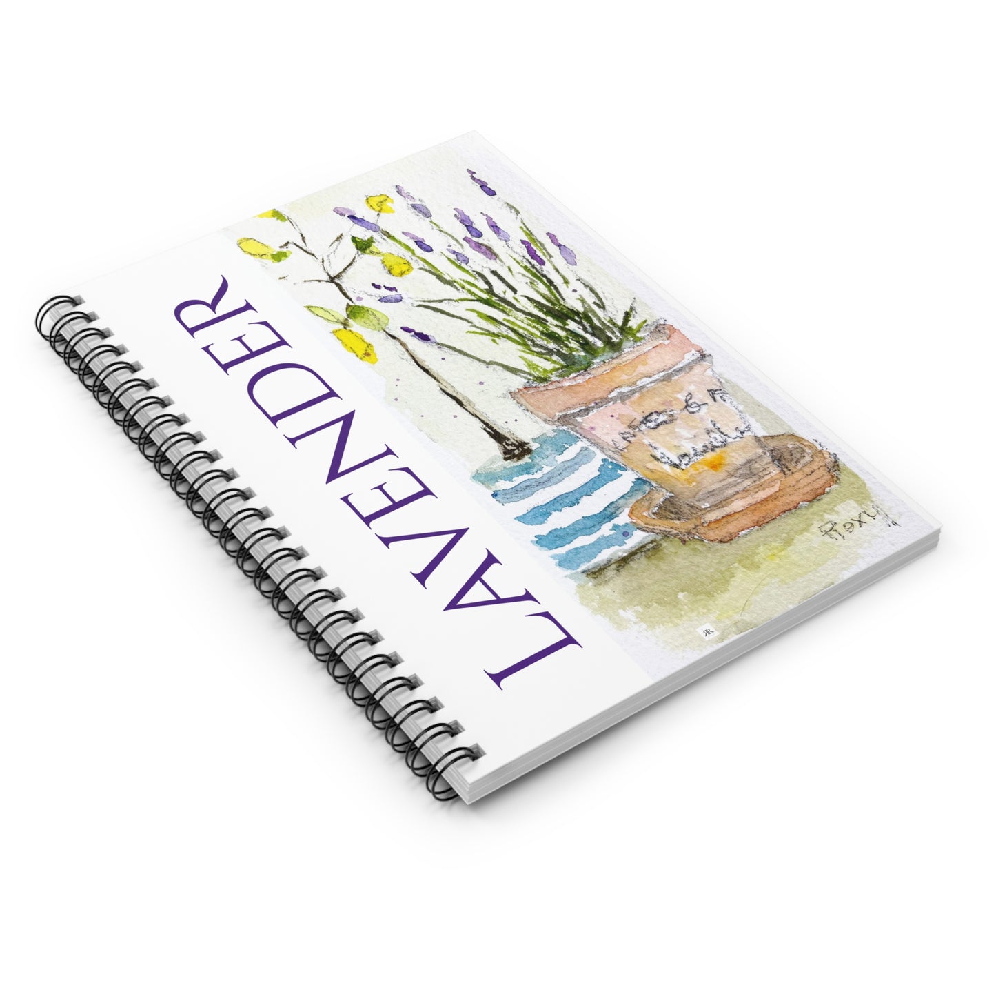 Lavanda - Pintura original de limones florales sueltos y flores de lavanda impresa en un cuaderno en espiral - Forrado con rayas - Regalo para mamá amiga y estudiante