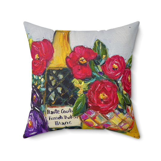 French Bubbles- Champagne and Roses- Indoor Spun Polyester Square Pillow