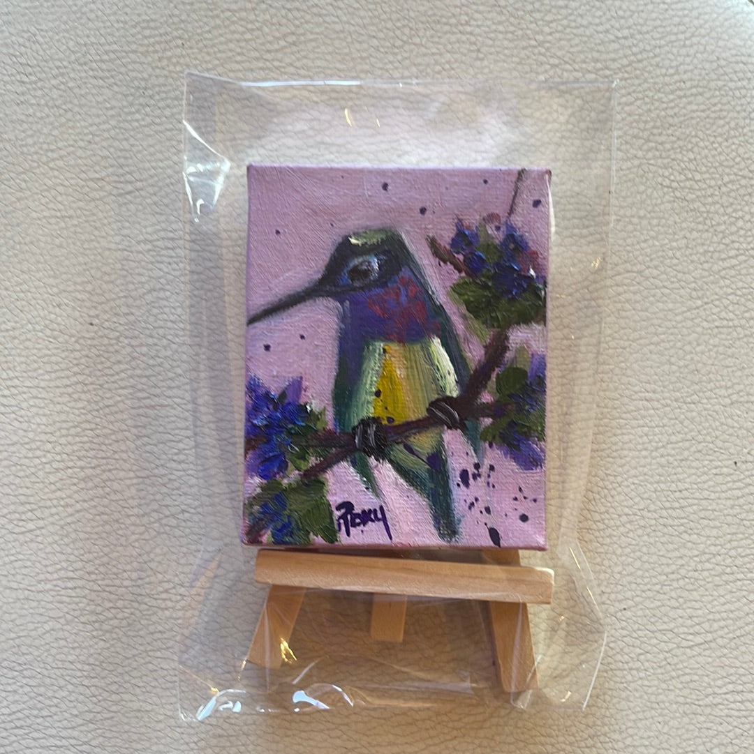 Mignonne petite peinture à l’huile miniature originale de colibri avec support