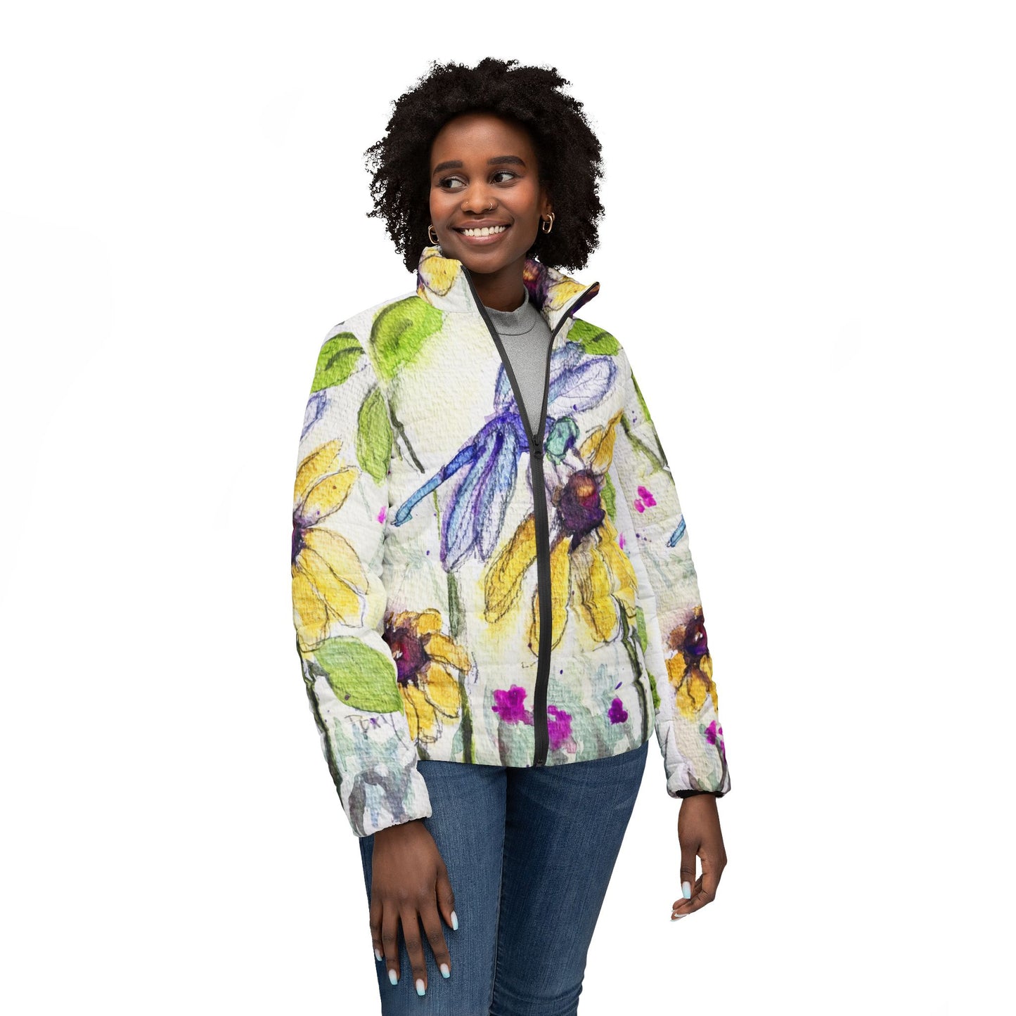 Women's Puffer Jacket - Roxy Rich Fine Art -Blue Dragonfly