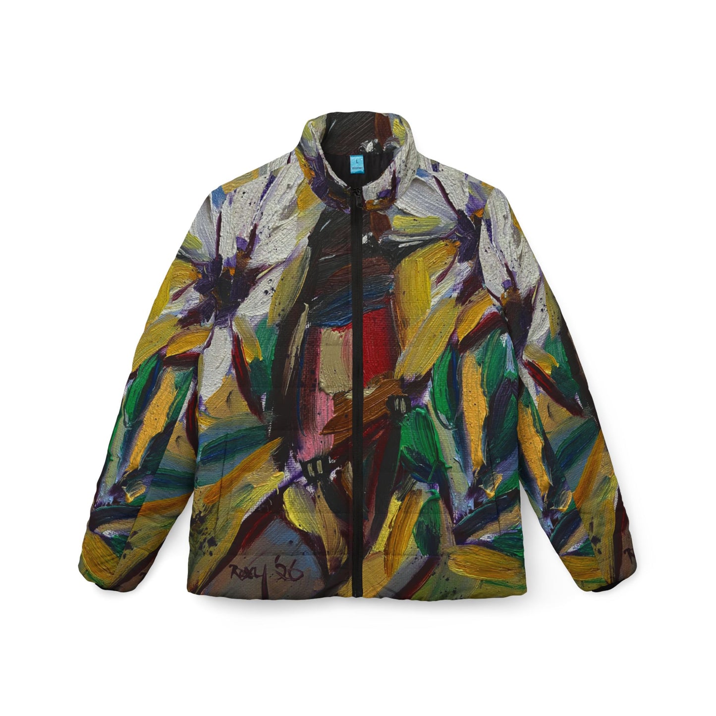Women's Puffer Jacket - Roxy Rich Fine Art Design-Stained Glass House Finch