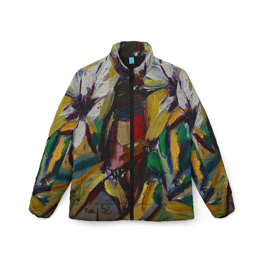 Women's Puffer Jacket - Roxy Rich Fine Art Design-Stained Glass House Finch