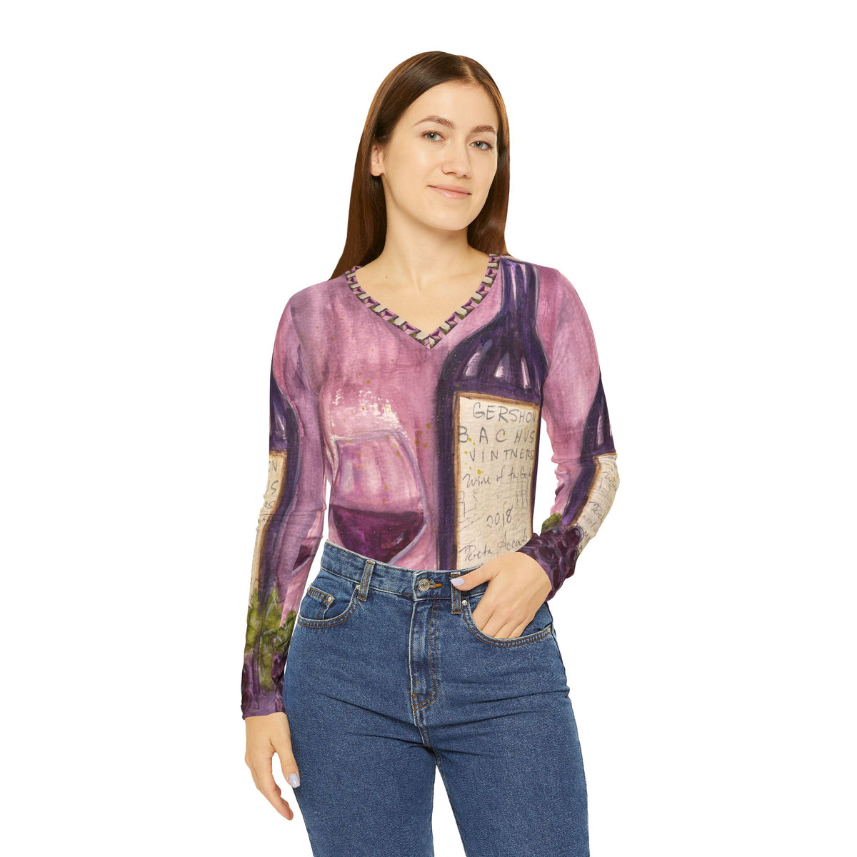 Women's Long Sleeve V-neck Shirt -Porta Accanto Tempranillo-GBV