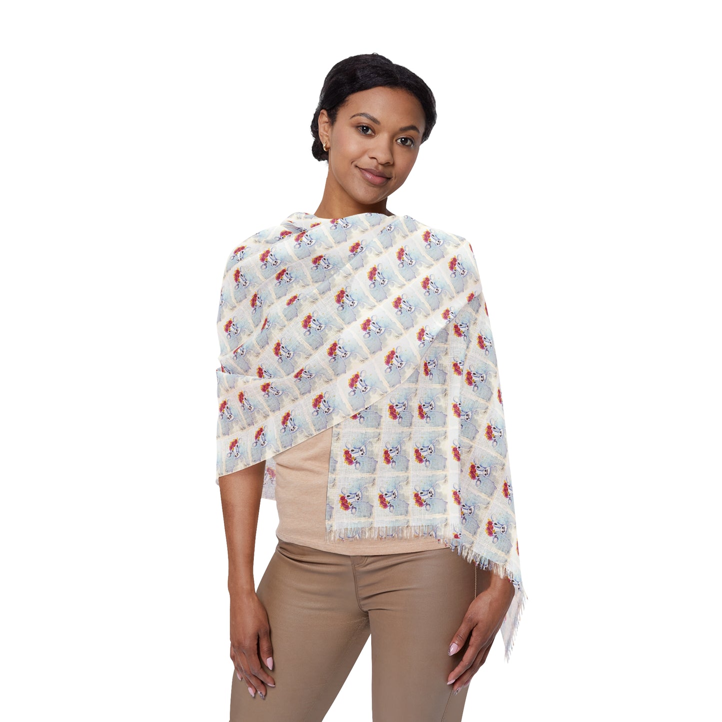 Colorful Scarf — Artistic Lightweight Neck Wrap- Adorable Cow #20 with Crown of Roses
