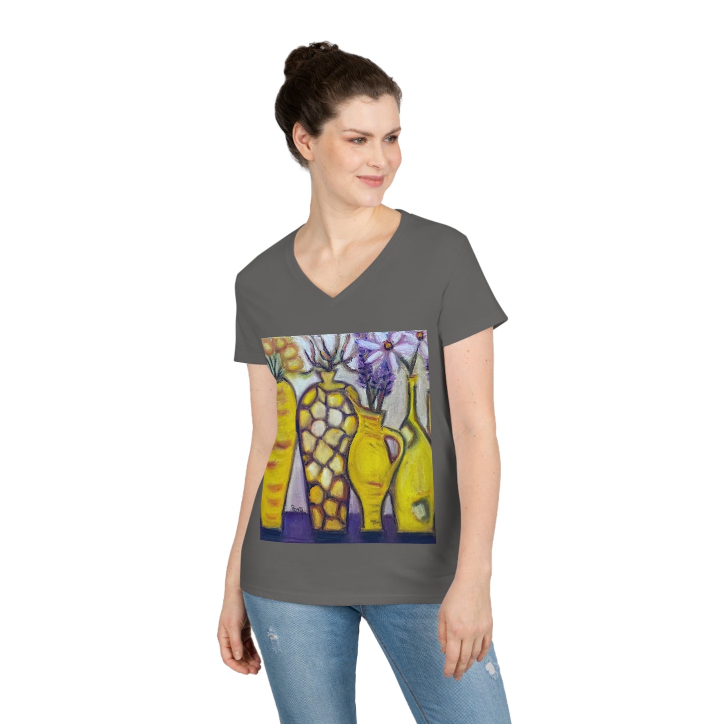 Camiseta con cuello en V para mujer Jarrones amarillos
