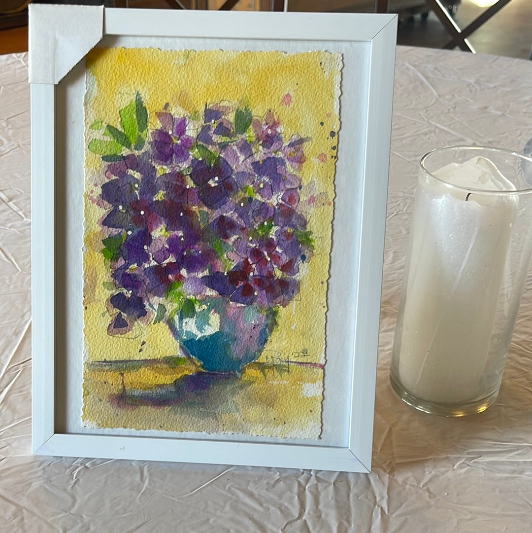 Purple Hydrangeas Original Watercolor Painting 8 x 10 Framed