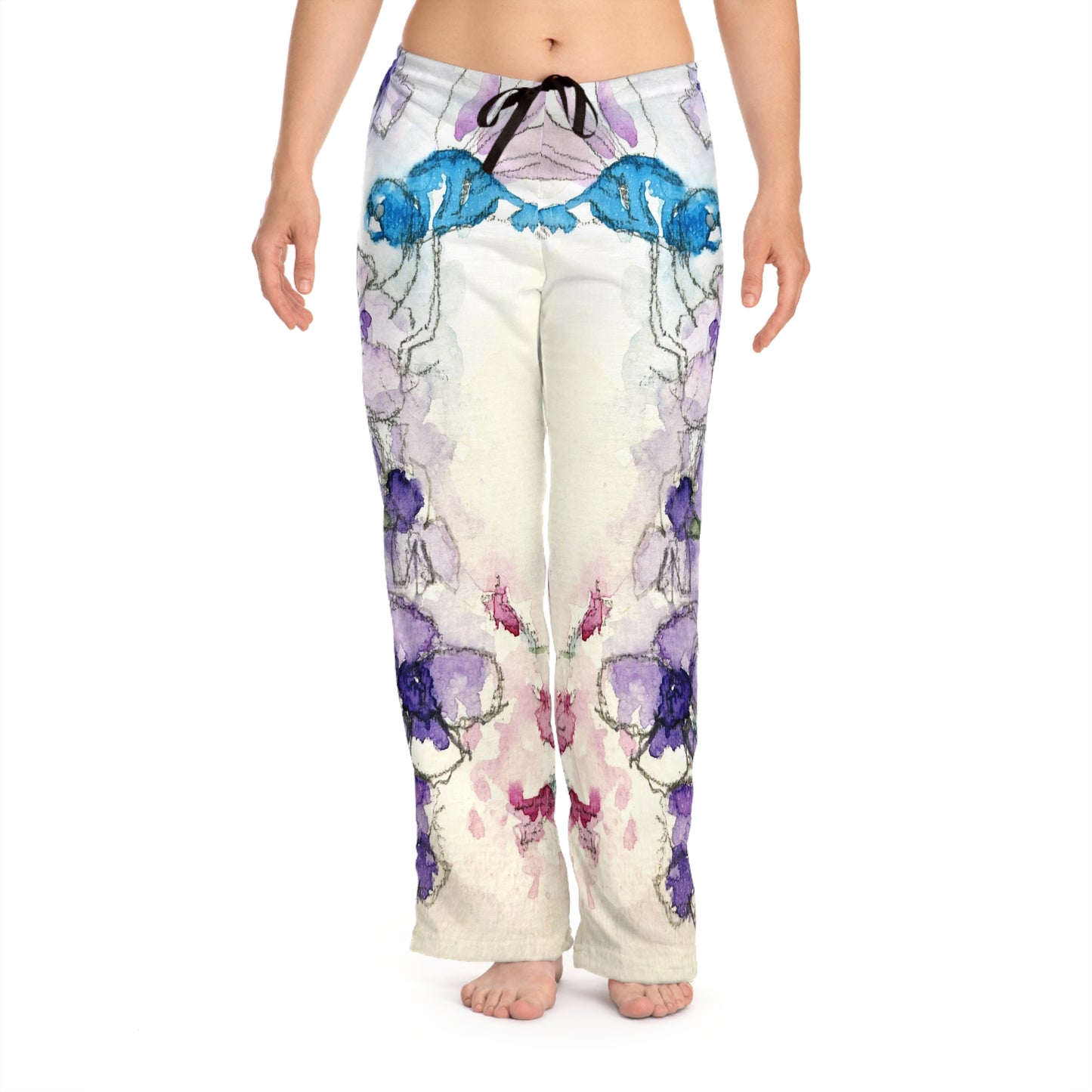 Pajama Pants - Blue Dragonfly with Purple Tube Flowers- Women's Pajama Pants