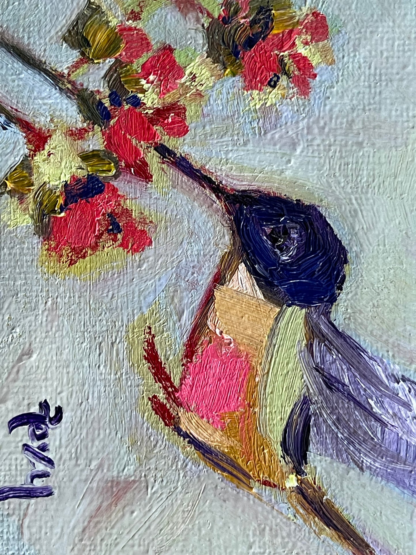 Tiny-Original Miniature Hummingbird Oil Painting with Stand
