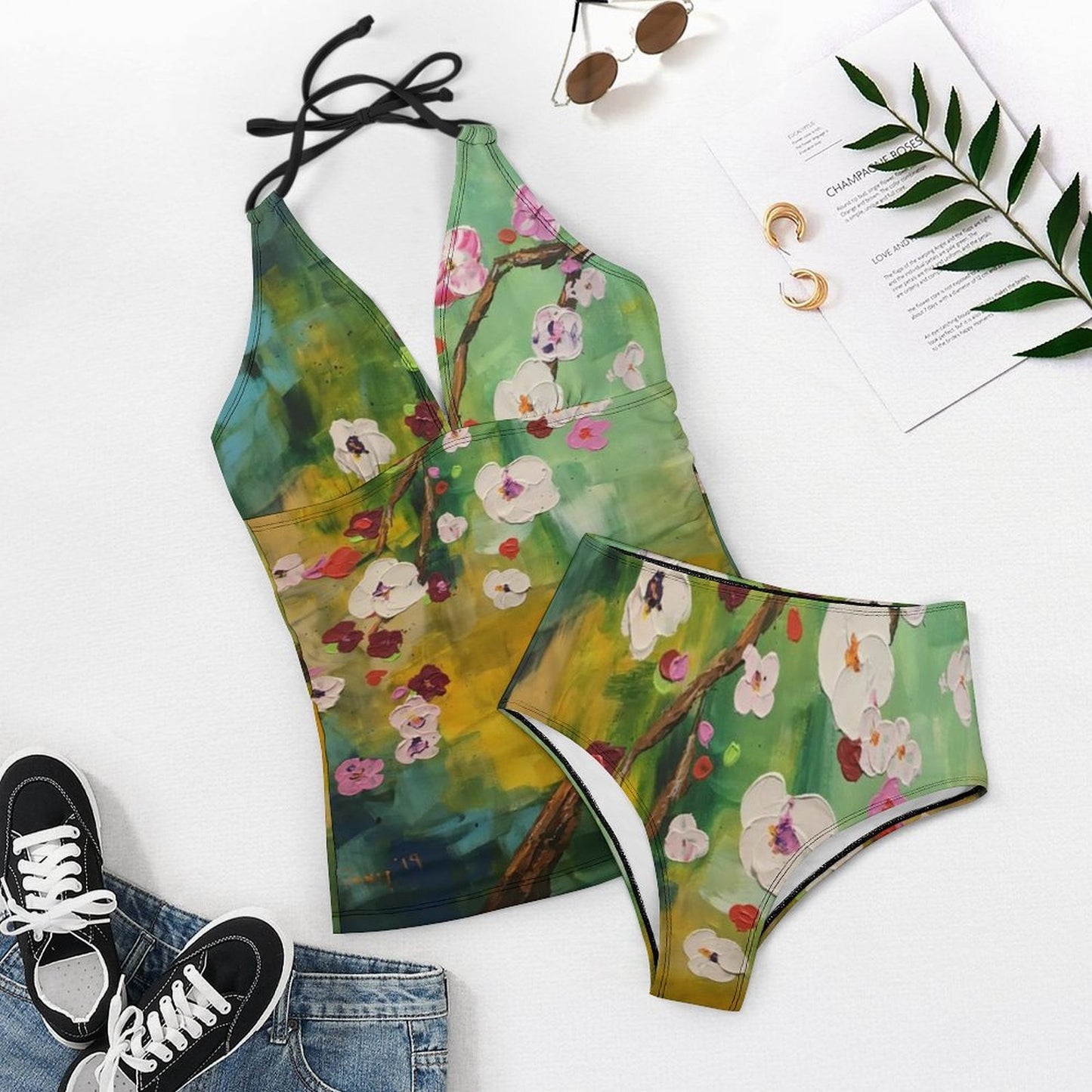 Abstract Cherry Blossoms Slim Fit Tankini Split Swimsuit