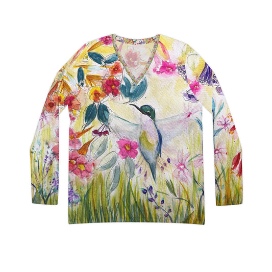 Long Sleeve Shirt- Hummingbird in a Tube Flower Garden- V-neck Women's