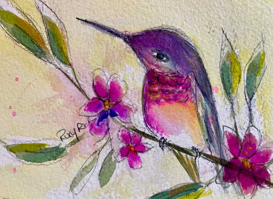 Hummingbird-Original Watercolor Painting 4x6 Framed