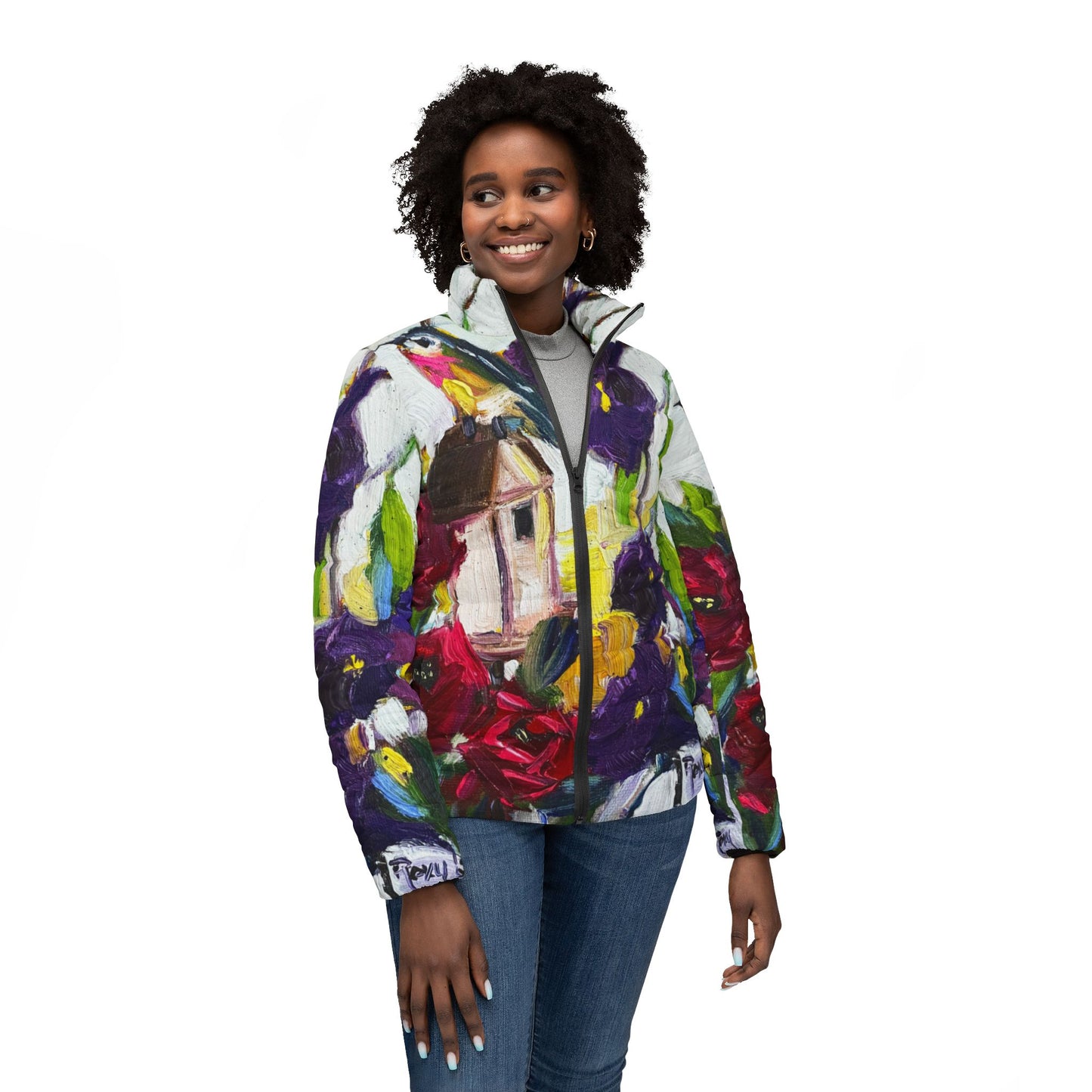 Women's Puffer Jacket - Roxy Rich Fine Art Design-Hummingbird by the Window