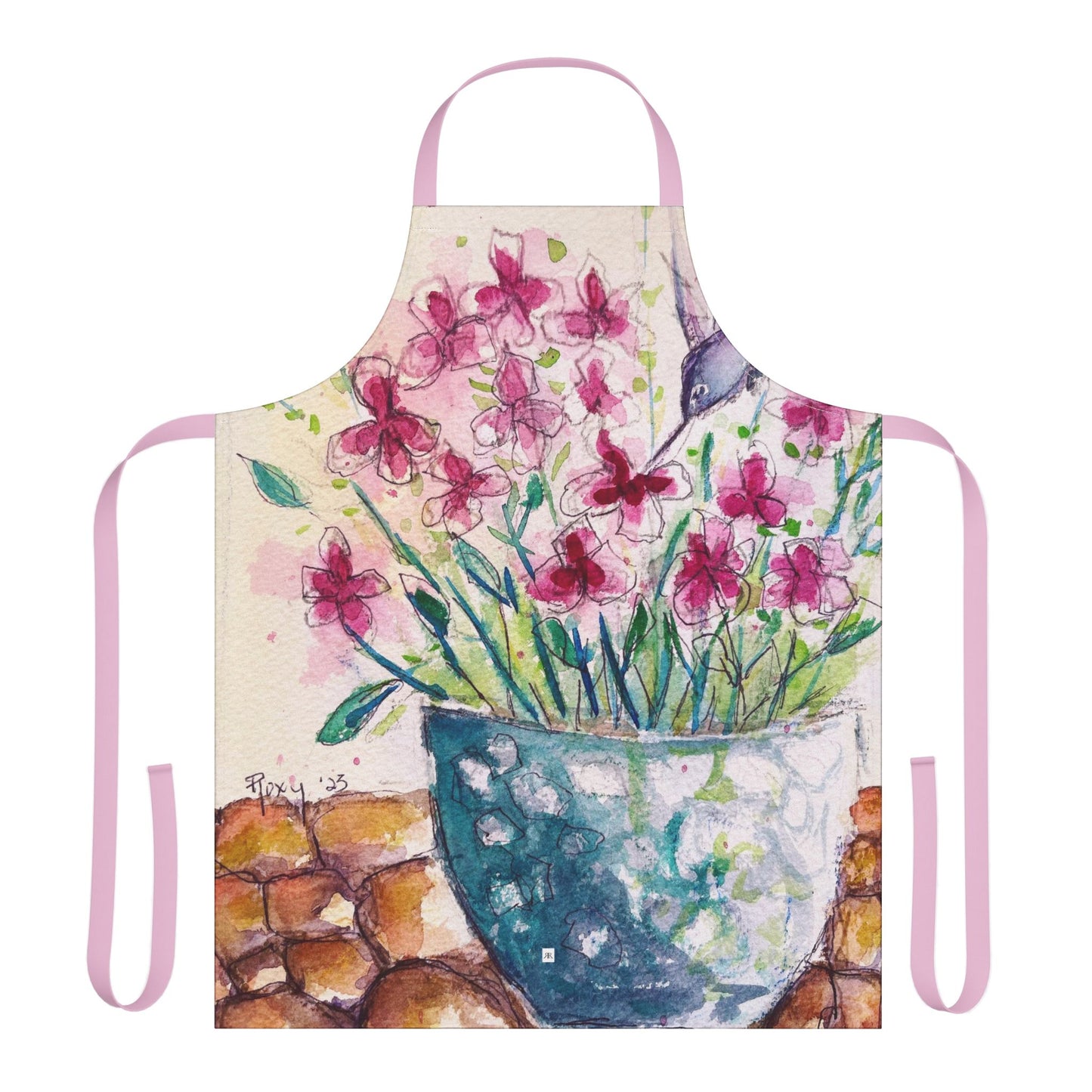 Whimsical Hummingbird in Salvia Blossoms Art Apron — "Choose Your Straps"