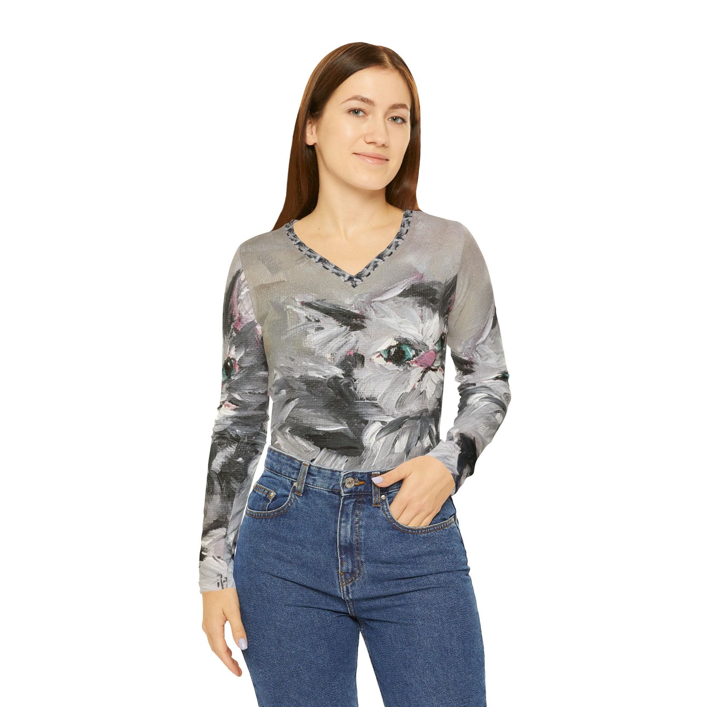 Long Sleeve Shirt- Babe Persian Cat- V-neck Women's