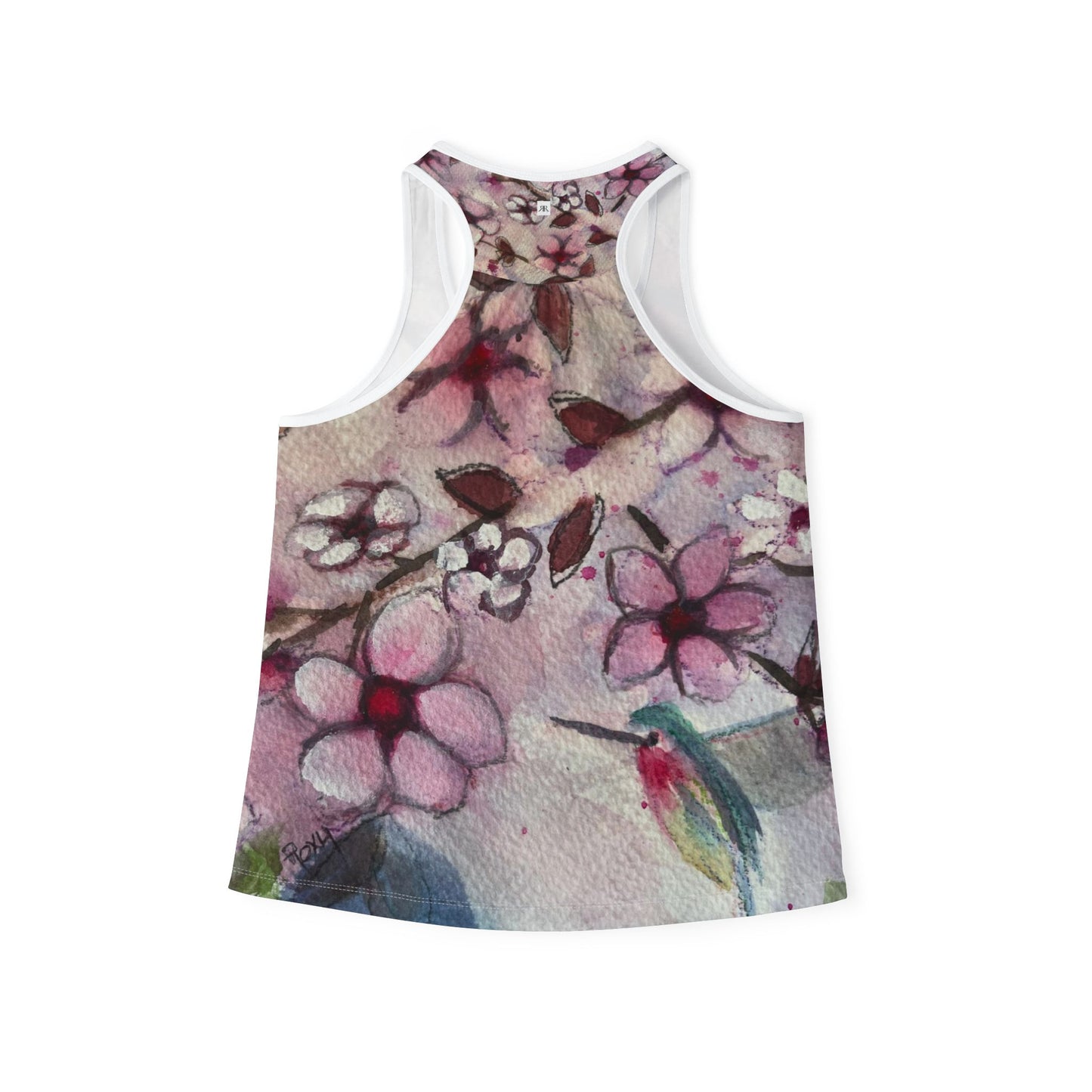 Women's Racerback Tank Top-Hummingbird in Cherry Blossoms